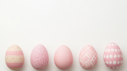 Obraz premium Pink and beige eggs on a gray background, Easter background, space for text Easter banner or card