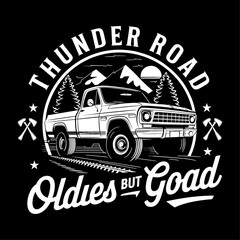 Fototapeta premium Retro Thunder Road T-Shirt Design Featuring Classic Pickup Truck, Mountains, and Forest, Perfect for Oldies and Country Music Lovers. Celebrate Nostalgia with This Unique Graphic Tee, Ideal for Casual
