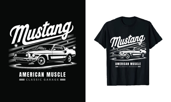 Classic Mustang T-Shirt Design - Celebrate American Muscle with This Stylish Graphic Tee. Perfect for Car Enthusiasts and Vintage Fans, This 'Mustang Classic Garage' Shirt Is Ideal for Casual Wear!