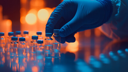 Laboratory technician organizes vaccine vials during research in a modern facility at night