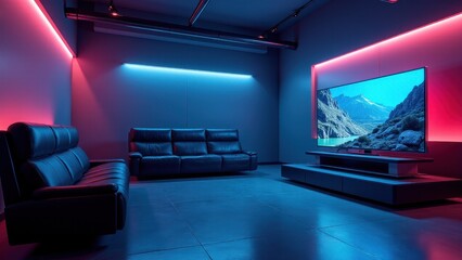 Television Mockup with Stand, Gaming lounge clear setup TV on futuristic stand photorealistic