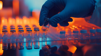 Laboratory technician organizes vaccine vials during research in a modern facility at night