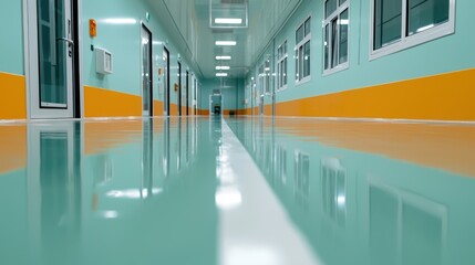 Fototapeta premium A clean, brightly lit corridor with teal walls and orange accents, typical of a medical facility.