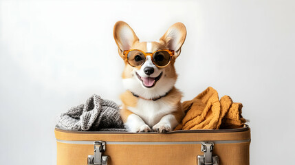 Cute corgi dog poses happily in suitcase with clothes and sunglasses