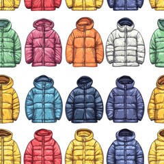 Colorful seamless pattern featuring winter jackets, isolate on a white background, vibrant and creative designs.
