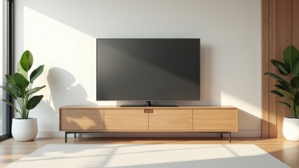 Television Mockup with Stand, Modern room clear view TV on wooden stand natural light photorealistic