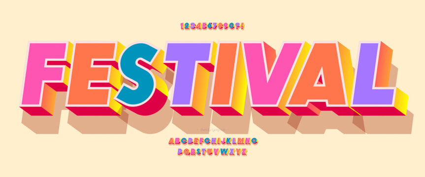Festival font 3d bold coloful style for summer party poster, t shirt, flier, decoration, card, sale banner, printing on fabric, industrial. Cool typeface. Trendy alphabet. Vector 10 eps