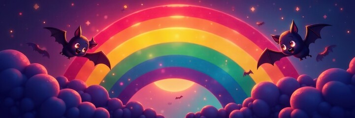 Cute cartoon bats on vibrant rainbow background, pattern, autumn