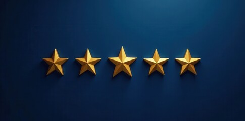 Five gold stars aligned horizontally on a deep blue backdrop , vibrant, photography