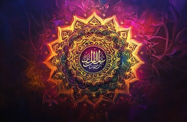 Fototapeta premium Ornate mandala with Arabic calligraphy on a colorful radiant background