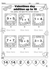 These Valentine's Day-themed addition worksheets help kids practice sums up to 10. Perfect for classroom or homeschool activities. Includes fun craft elements to engage young learners in math and crea