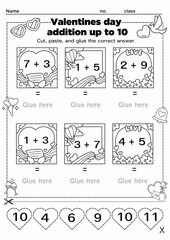 These Valentine's Day-themed addition worksheets help kids practice sums up to 10. Perfect for classroom or homeschool activities. Includes fun craft elements to engage young learners in math and crea