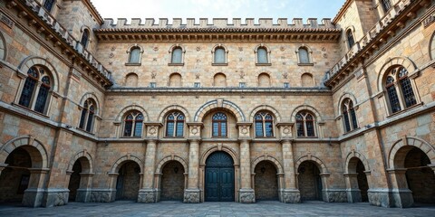 Naklejka premium Romanesque facade with rounded arches and thick walls, rounded arches, barrel vaults, stone carvings