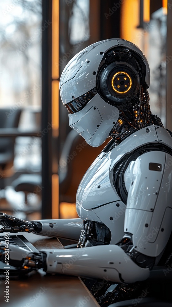 Aufkleber in a contemporary office setting, a sleek humanoid robot focuses intently on a keyboard, showcasing 