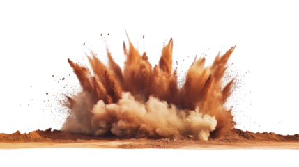 Powerful sand explosion rising from the ground with transparent background