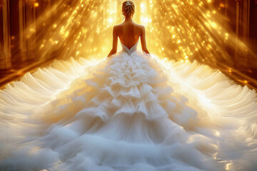 Elegant gown illuminated by golden light in a majestic setting
