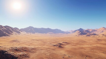 Fototapeta premium Vast Desert Landscape Under Clear Blue Sky and Bright Sunlight