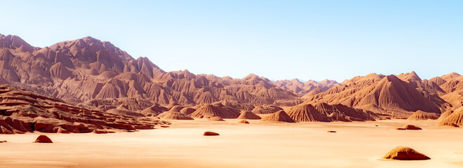 Desierto del Diablo, Devil's desert, landscape in Puna de Atacama, Argentina. It is a huge deserted place. This red landscape seems to come from another planet. Panorama photo.