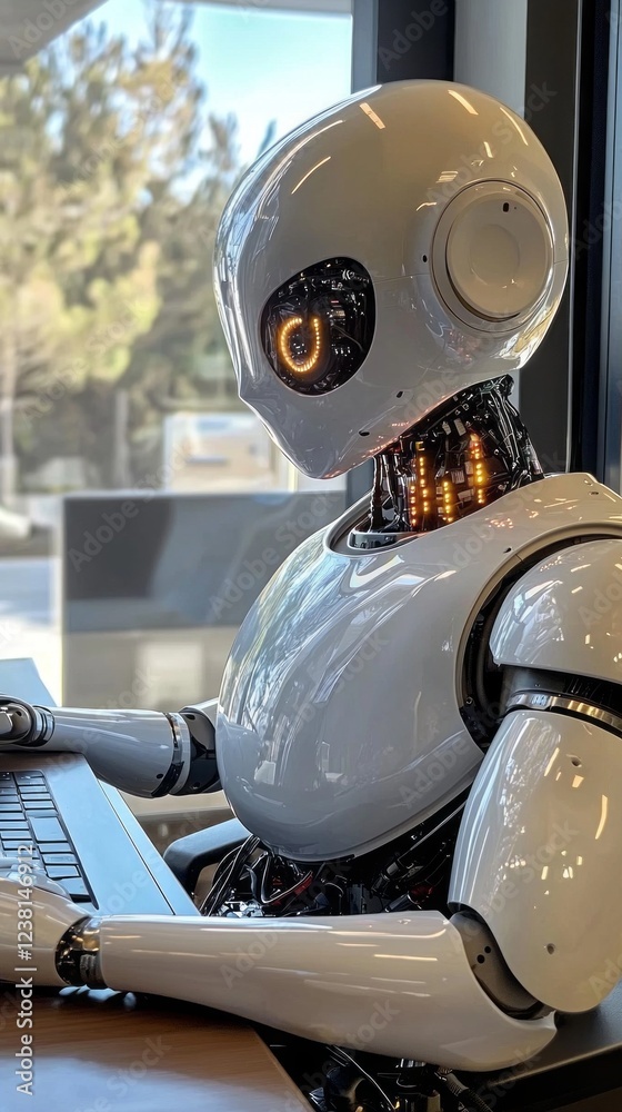 Poster A sleek humanoid robot is diligently operating a computer in a contemporary office space, showcasing advanced technology and design. The soft glow of daylight enhances its futuristic features