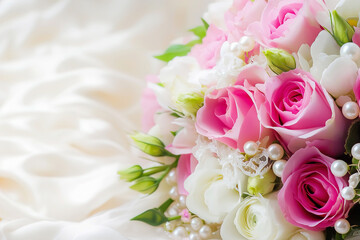 Obraz premium Elegant bouquet featuring pink and white roses adorned with pearls on soft fabric