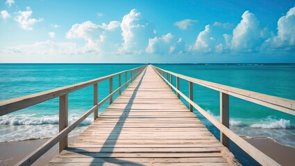 Obraz premium long wooden pier extending into the ocean. The pier is made of light-colored wood and is located on a sandy beach. The ocean is a beautiful turquoise color and the sky is a clear blue with a few white