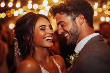 Happy couple celebrates their wedding at an elegant reception under beautiful string lights