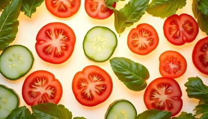 An arrangement of fresh tomatoes, cucumbers, and basil on a white background showcases the beauty of spring produce