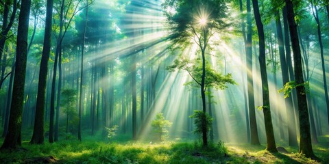 Obraz premium Misty green forest with sunbeam filtering through trees, forest, abstract, forest,abstract, atmosphere, organic, foliage