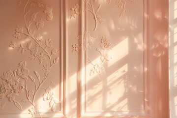Sunlit Peach Floral Wall Panel Detail, Elegant Interior Photography


