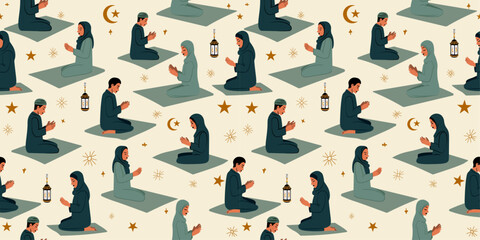 Ramadan Kareem Concept of a Religious Muslim Woman and Man Praying to God in Seamless Pattern