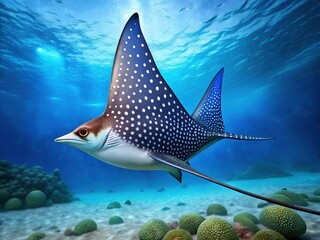 Obraz premium Majestic Blue Spotted Eagle Ray Swimming in Ocean - Stock Photo