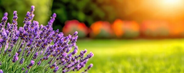 Obraz premium Garden blooms nature concept. Vibrant lavender blooms in a sunny garden, showcasing nature's beauty and tranquility.