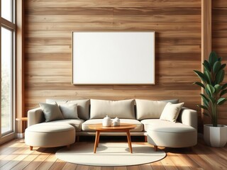 A mockup of a living room wall art canvas on a rustic wooden background, canvas, stylish, gallery wall