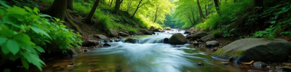 serene water stream flowing gently through forest trees, serene, foliage, tranquil