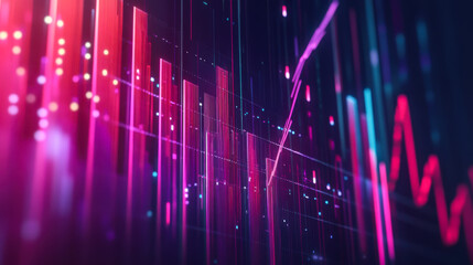 Colorful data visualization shows financial fluctuations with vibrant bars and lines on a digital backdrop