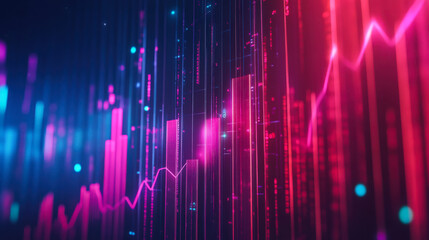 Colorful data visualization shows financial fluctuations with vibrant bars and lines on a digital backdrop
