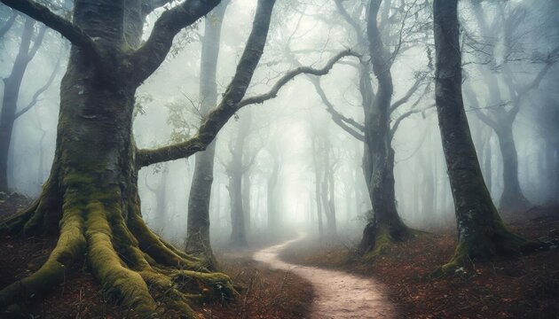 Moss-covered trees in a misty forest pathway