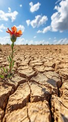 Resilient Flower Growing in Dry Cracked Earth Under Blue Sky