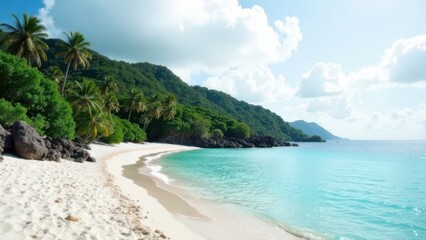 Tropical island with white sand beach, palm trees, and clear blue water.