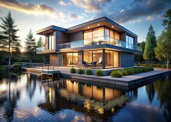Obraz premium Modern Lake House Architecture: Stunning Contemporary Design on Waterfront