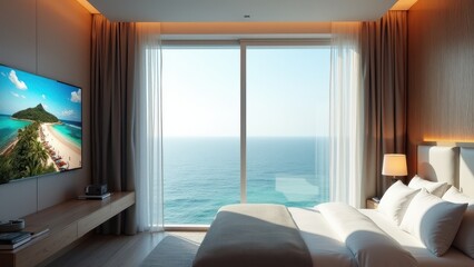 Ultra HD TV Mockup, Hotel room with ocean view Ultra HD TV with travel documentary photorealistic.