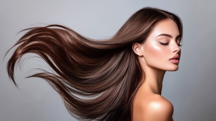 Fototapeta premium Woman with flowing long hair showcasing healthy shine against a neutral background in a beauty capture