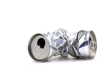 Crumpled empty blank soda or beer can garbage, Crushed junk can.