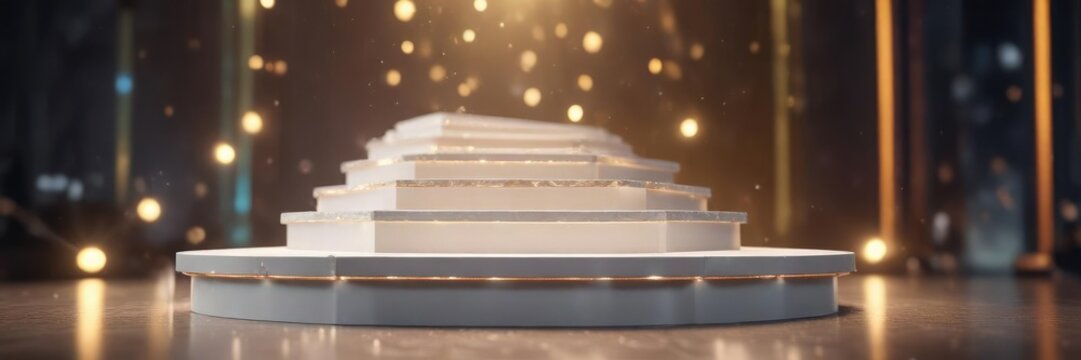 Shiny white podium surrounded by vibrant bokeh effects, ideal for music performances or artistic showcases, artistic showcases, bokeh