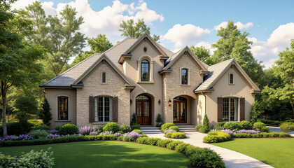 Luxury French Country House with Elegant Stone, Stucco, and Lush Landscaping