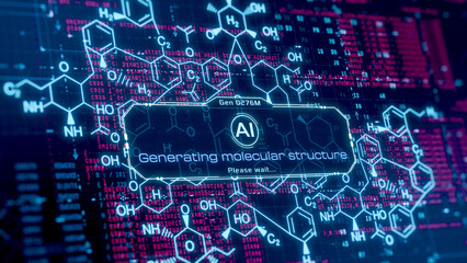 Ai generative concept, Ai assistant for scientific research, artificial intelligence generating a molecular structure, futuristic user interface (3d render)