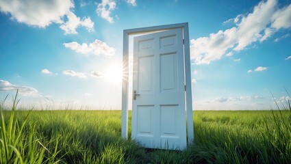 white door standing in the middle of a green field. The door is open and appears to be in the process of being opened. The sky is blue with white clouds scattered across it. 