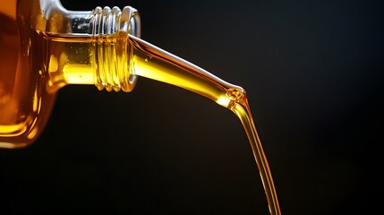 Golden oil pours from a glass bottle
