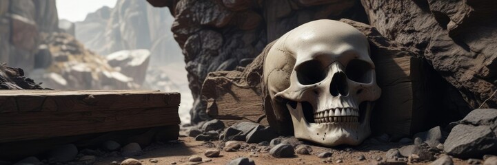 Skull and jawbone visible through a gap in the rocky cliffside with an old wooden coffin buried beneath, skull, natural decay