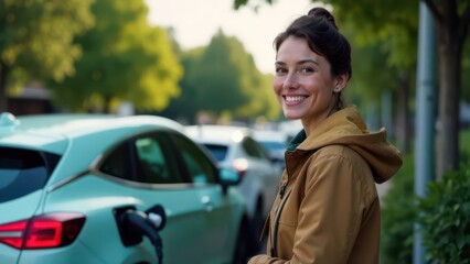 Urban woman with brown hair and brown jacket standing next to a modern electric car.